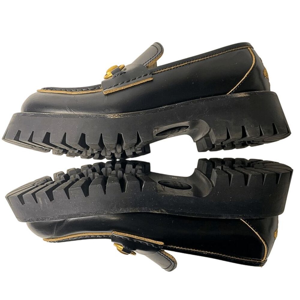 Gucci Black Leather Lug Sole Horsebit Loafers EU 36 Gold Horsebit Bee Embroidery - Picture 7 of 13